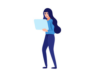 A woman stands with a tablet in her hands. Flat vector illustration.