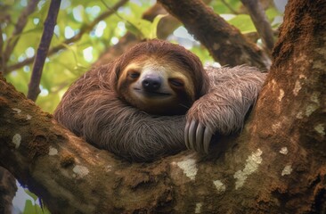 Cute brown sloth sleeping on the tree
