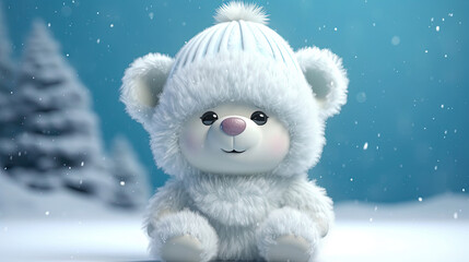 Cute baby white bear wearing a woolly hat in winter