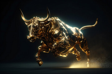 Fototapeta premium Golden bull with big horns running. 3D illustration digital art design, generative AI
