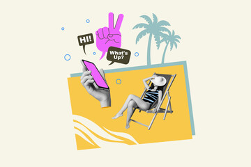 Photo cartoon comics collage of relaxing lady ignoring calling modern gadget isolated creative background