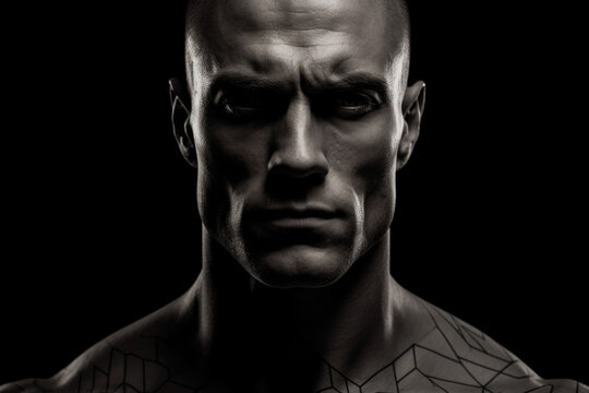 angular jaw sharply defined lines framing an intimidating face.. AI generation