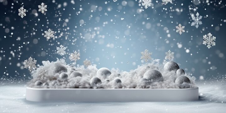 Nowflakes and snow. Realistic product podium for Christmas winter and christmas discount design