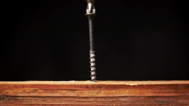 The screw is screwed into the wood board with a screwdriver, extreme macro. Copy space. Process of tightening the screw with a power drill. Close-up of carving screw being screwed into a seat on wood