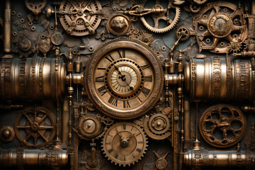 Fototapeta na wymiar Steampunk ancient gears with retro clock. 3D illustration digital art design, generative AI