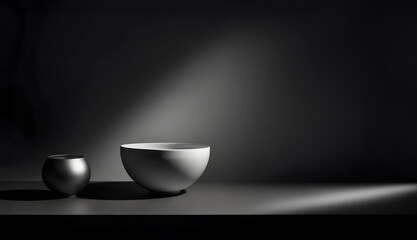 Creative minimal concept. Dark large table wall room with abstract bowl zen deco and natural shadow. Banner template for product presentation. Mock up 3D rendering living, office, gallery