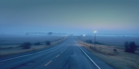 Panoramic view of the empty highway through the fields in a fog at twilight. Moonlight, clear sky