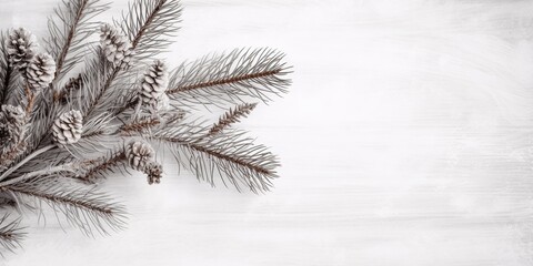 Pine tree branch on white wooden background for winter holidays designs, flat lay, copy space