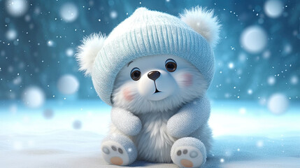 Obraz premium Cute baby white bear wearing a woolly hat in winter