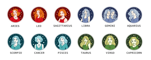 Zodiac set. Faces of women divided by astrological sign elements, fire, earth, water, air.