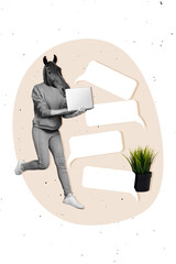 Creative collage headless mammal horse animal person writing emails answer her boss discussion sms...