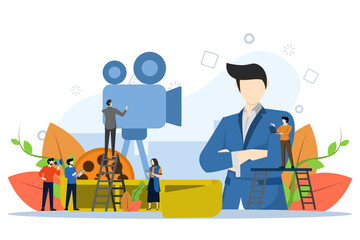 online cinema, concept of cinematography, videography, playback, video graphics fine arts, small people recording video big man vector, Vector illustration on a white background.