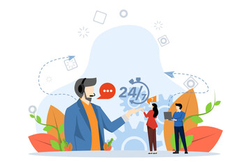 Customer Service Concept, Shows group hotline operators advise clients, customer complaint service. Perfect for landing page, ui, web, app, editorial, flyers and banners, Flat Vector Illustration.