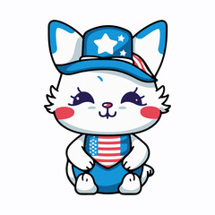 Cute cat with a use flag, happy 4th Of July USA Independence Day, vector illustration.