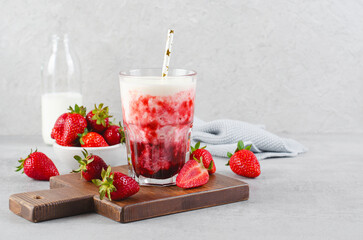 Korean Strawberry Milk, Strawberry Milkshake with Pureed Fresh Berries, Refreshing Drink on Bright Background
