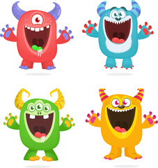 Funny cartoon monsters  set: monster yeti troll gremlin and alien creatures. Halloween vector design isolated