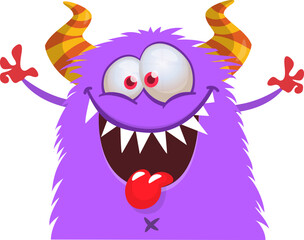 Funny cartoon monster waving hands and showing tongue. Halloween vector illustration. Great for package or party decoration