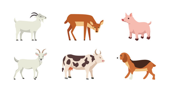 Farm animals set in flat style isolated on white background. Vector illustration. Cute cartoon animals collection: goat, deer, cow, donkey, horse, pig, dog.