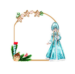 Christmas frame with fir branches and Snow maiden girl in blue dress.Watercolor hand drawn illustration for invitations, greeting cards, prints, packaging and more. Merry christmas and happy new year.