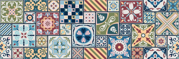 Pattern vector tiles traditional textures ornamental ceramics Spanish Portuguese Mexican Arabic Moroccan Italian colonial hydraulic majolica Turkish azulejos baldosas losetas racholas cerámicas patrón