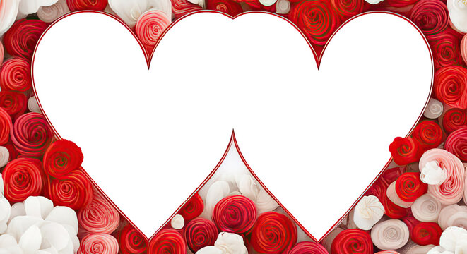 Beautiful two hearts background frame with red and white roses and copy space for weddings or valentine or mothers day png file generative ai illustration