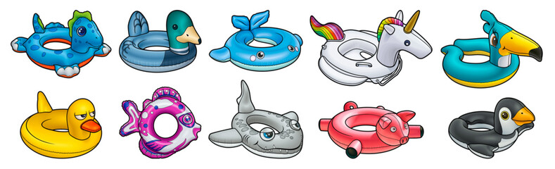 Obraz na płótnie Canvas Cartoon set of cute doodle Animals and Birds Inflatable Pool Circles