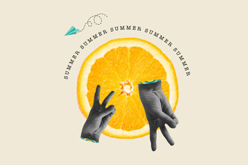 Minimalistic photo 3d collage sketch image caricature of two human arms celebrate v-sign cool party...