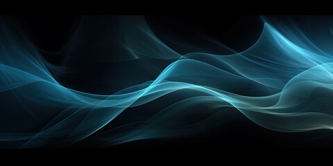 Teal blue blurry smoke wave on black background with copy space