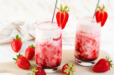 Korean Strawberry Milk, Strawberry Milkshake with Pureed Fresh Berries, Refreshing Drink on Bright Background