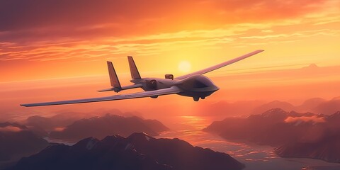 Fototapeta na wymiar Unmanned military drone on patrol air territory at high altitude at sunset. UAV drone