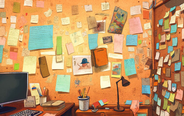 Cork board with colored sheets of paper for notes.