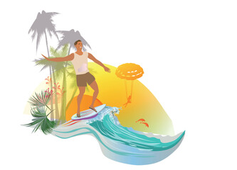 The surfer on the tropical background with an ocean wave, sunset, palms. Hand drawn vector illustration