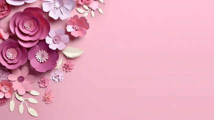 Paper flowers arranged on pink backdrop abstract background. 