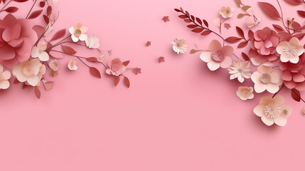 Pink and beige paper scattered flowers and leaves on pink background. generative AI