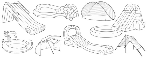 Cartoon set of doodle water inflatable slides, tents, pool.