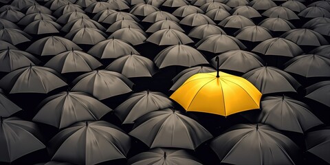 Yellow umbrella over dark umbrellas on black background. The difference to step up to leadership in business.