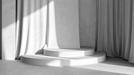 Two geometric design concrete step podium white blow. 