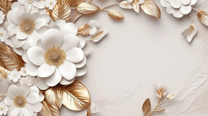 Fototapeta na wymiar White gold flowers and leaves circle frame marble template.