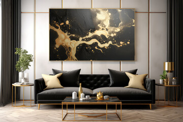 Modern luxury living room interior and decoration mock up furniture and black and gold marble wall pattern background.3D rendering (ai generated)