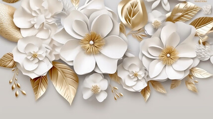 Luxury white gold flowers and leaves with paper texture. 