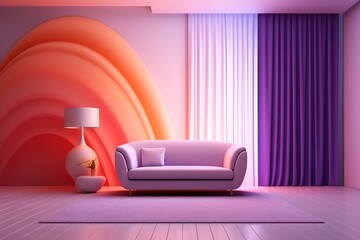 Modern living room with purple sofa. AI generated art illustration.
