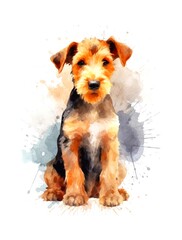 Watercolor cartoon illustration of a cute Airedale Terrier puppy on white background. Generative AI.