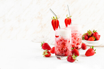Korean Strawberry Milk, Strawberry Milkshake with Pureed Fresh Berries, Refreshing Drink on Bright Background