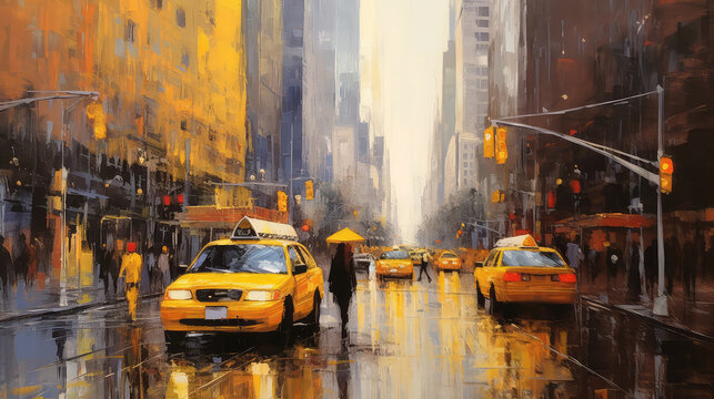 oil painting on canvas, street view of New York, woman under an yellow umbrella, yellow taxi, modern Artwork, American city, illustration New York (ai generated)