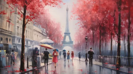 Foto op Canvas oil painting on canvas, street view of Paris. Artwork. eiffel tower . people under a red umbrella. Tree. France (ai generated) © ImagineDesign