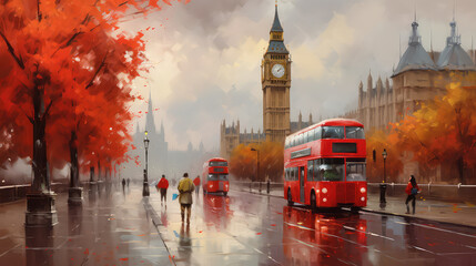 oil painting on canvas, street view of london. Artwork. Big ben. man and woman under a red umbrella, bus and road. Tree. England (ai generated)
