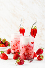 Korean Strawberry Milk, Strawberry Milkshake with Pureed Fresh Berries, Refreshing Drink on Bright Background