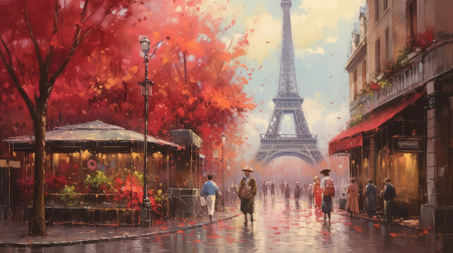 oil painting on canvas, street view of Paris. Artwork. eiffel tower . people under a red umbrella. Tree. France (ai generated)