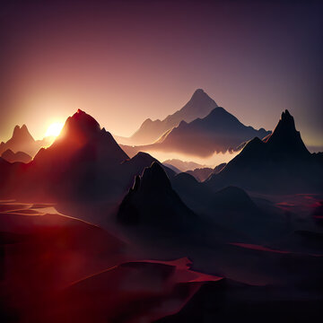 The sun is setting behind the mountains. Sunrise in the mountains. AI-generated