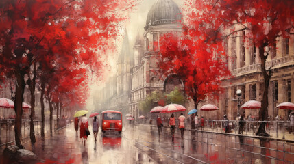 Fototapeta oil painting on canvas european city. Hungary. street view of Budapest. Artwork. people under a red umbrella. Tree. Night and moon (ai generated) obraz